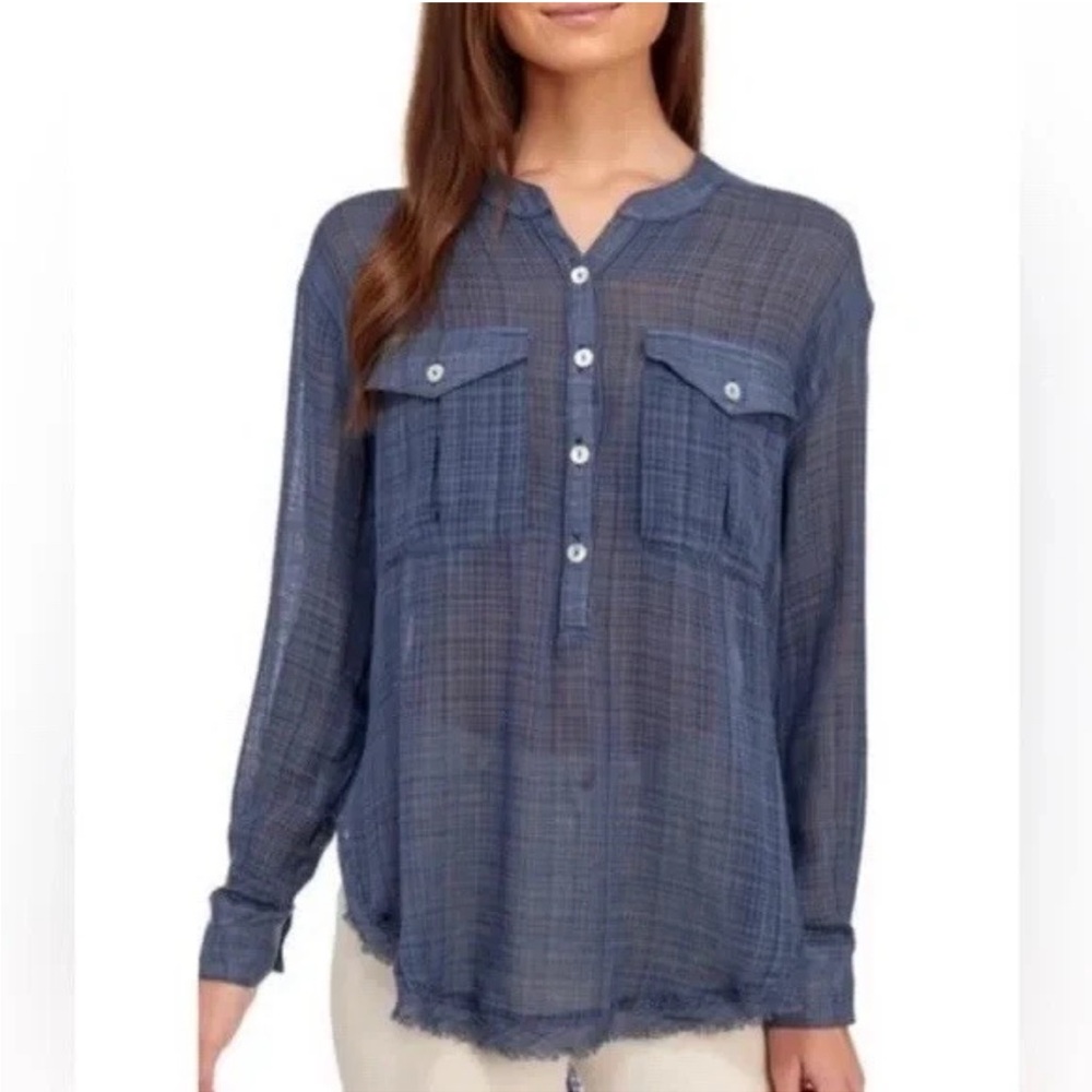 Free People Talk To Me Popover Gauze Tunic Shirt Blouse XS sheer blue Boho